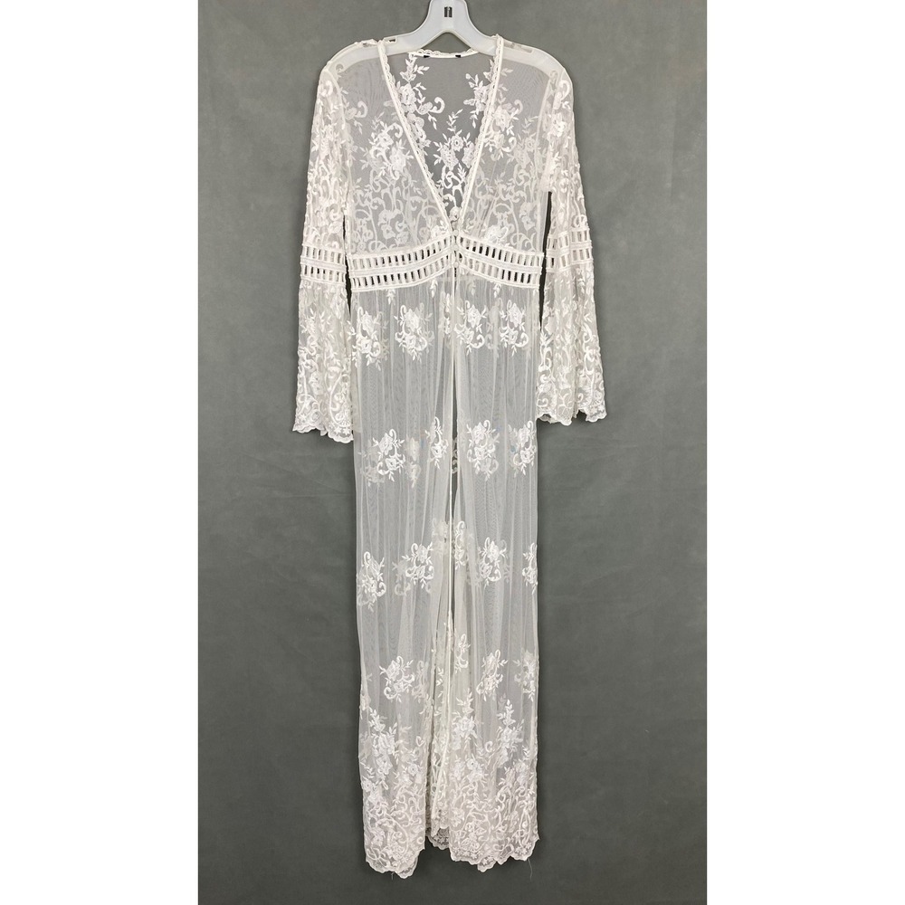 Forever 21 Floral Lace Sheer Bell Sleeve Duster Kimono Women Small White